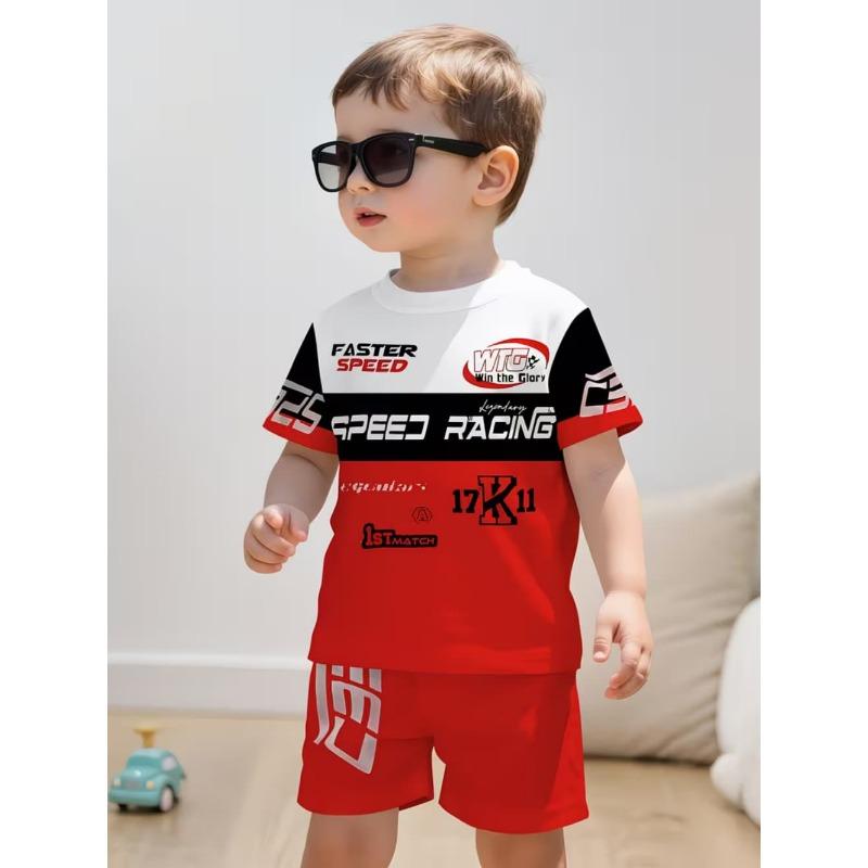 Set de 2 piese pentru copii, de vară, casual, sport, la modă, cu imprimeu model 3D, tricou cu gât rotund și pantaloni scurți