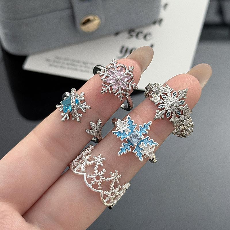 Winter Dream Sweet Cool Snowflake Color Diamond-Encrusted Zircon Enamel Open Ring Niche Premium Sense Stacked Ring Woman