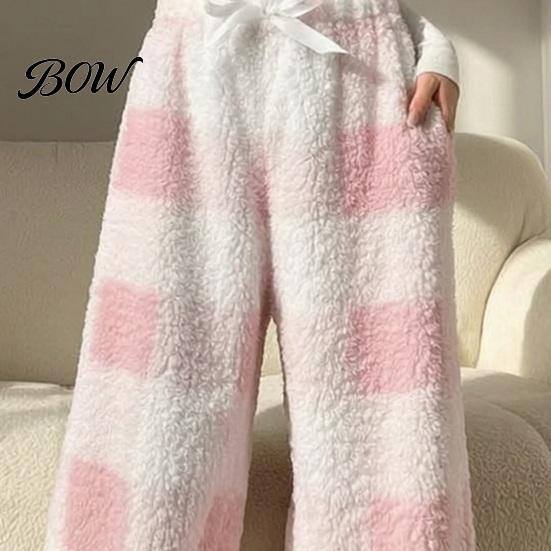 Soft Skin Friendly Sleep Pants Women Plaid Wide Leg Pants, Drawstring High Waist Thick Coral Fleece Velvet Trousers Warm Loungewear, Anti-Pilling