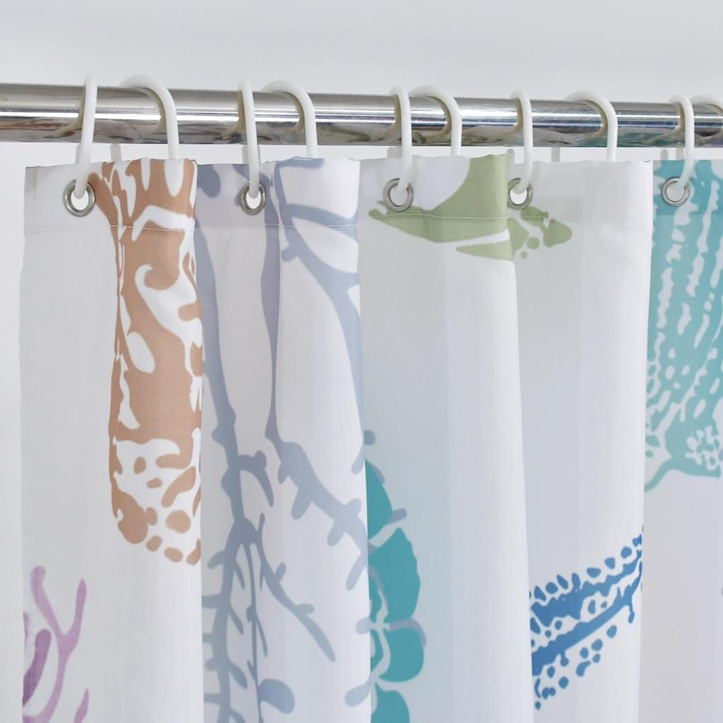Ocean Theme Shower Curtain, Starfish Coral Nautical Coastal Shower Curtain Set for Bathroom, Nautical Marine Theme Seashell Conch Fabric Bath Curtain