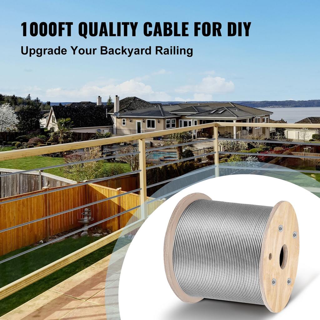 T316 Stainless Steel Wire Rope Cable High Strength Tension Flexible Stainless Steel Cable OD 3.2MM Length 1000Ft 11.14KN Cable Railing(300M)