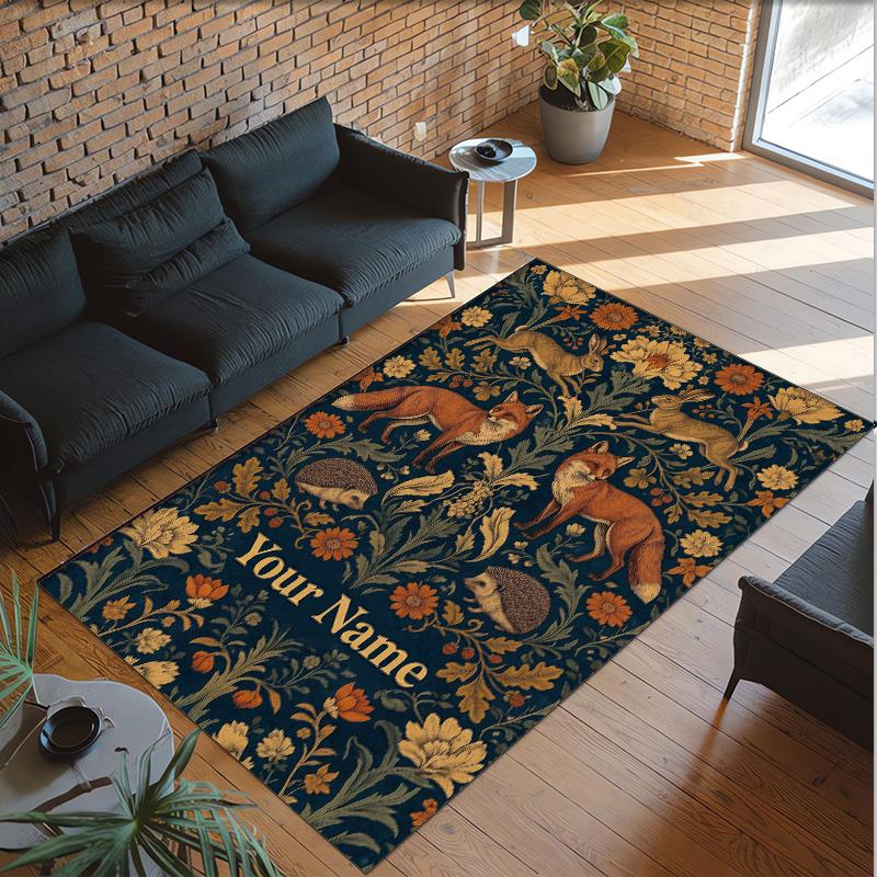 Fox Theme Crystal Velvet Floor Rug Personalized Custom Name Text Warm Carpet Home Decoration