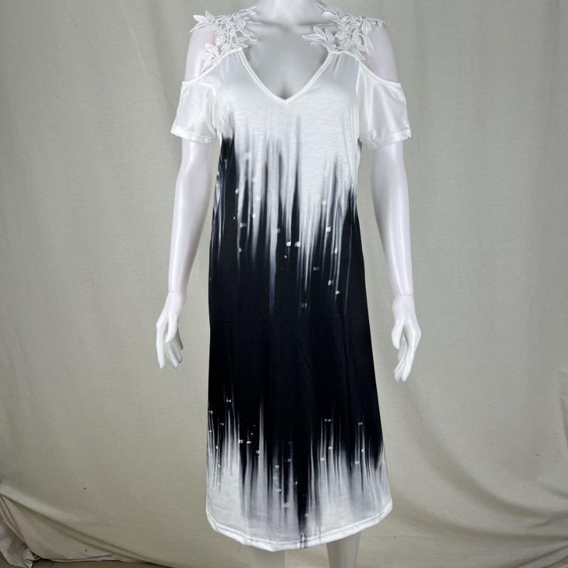 Vestido de Verano con Hombros Descubiertos de Encaje y Manga Corta Nuevo Estampado Holgado Casual Vestidos de Fiesta Moda Femenina Elegante Línea A Talla Grande Ropa Dulce