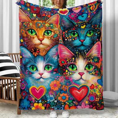 Bunte Katzen Kunst Psychedelisches Muster Herz Blumen Fleece Decke Lebendiges Abstraktes Design Weich Gemütlich Überwurf Heimdeko Künstlerisch