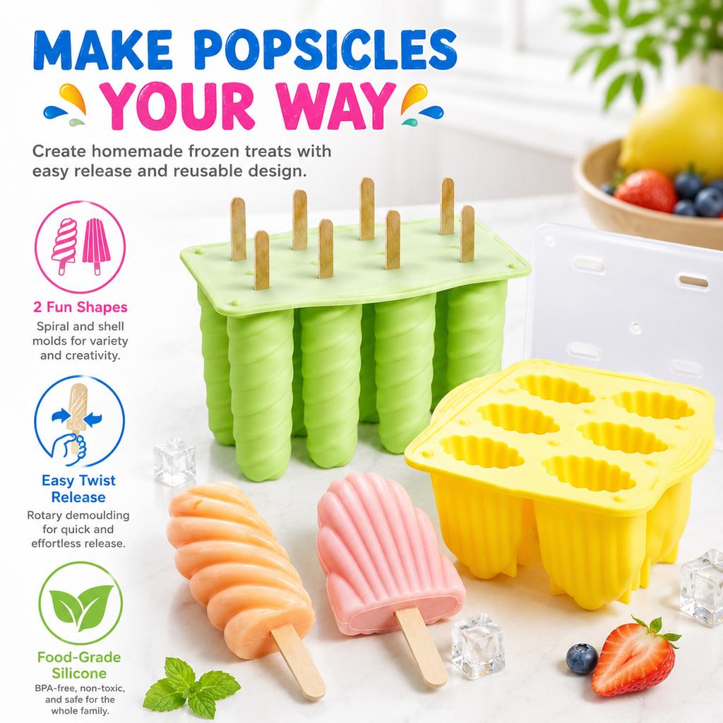 Silikon-Eis am Stiel Formen Einzigartiger Spiral- und Muschel-Eis am Stiel-Hersteller Flexibles Wiederverwendbares Eiscreme-Tablett für Hausgemachte Sommer-Leckereien