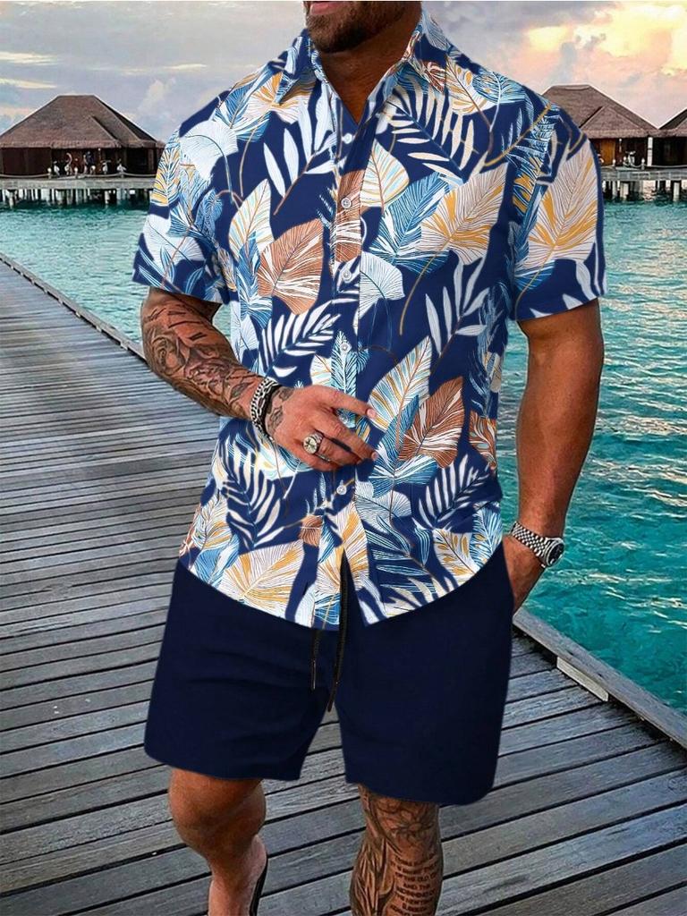 Sommer Strand 2-teiliges Hemd Set Herren Lässig Tropischer Print Kurzarmhemd Und Shorts Set Tropisches Hemd Herren Urlaubs Sets