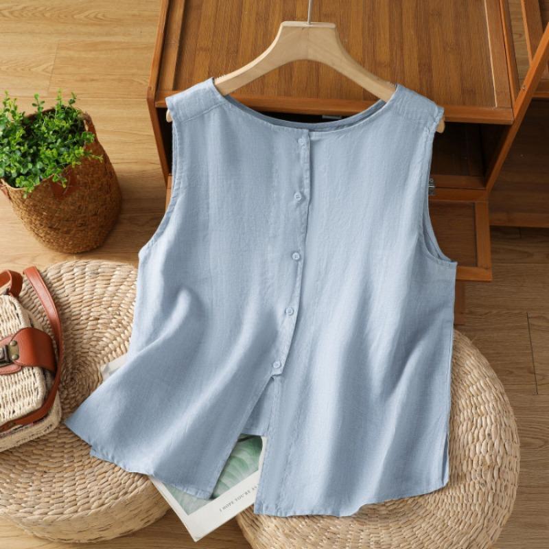 Camicetta da Donna Senza Maniche in Lino e Cotone con Bottoni, Gilet Casual a Girocollo