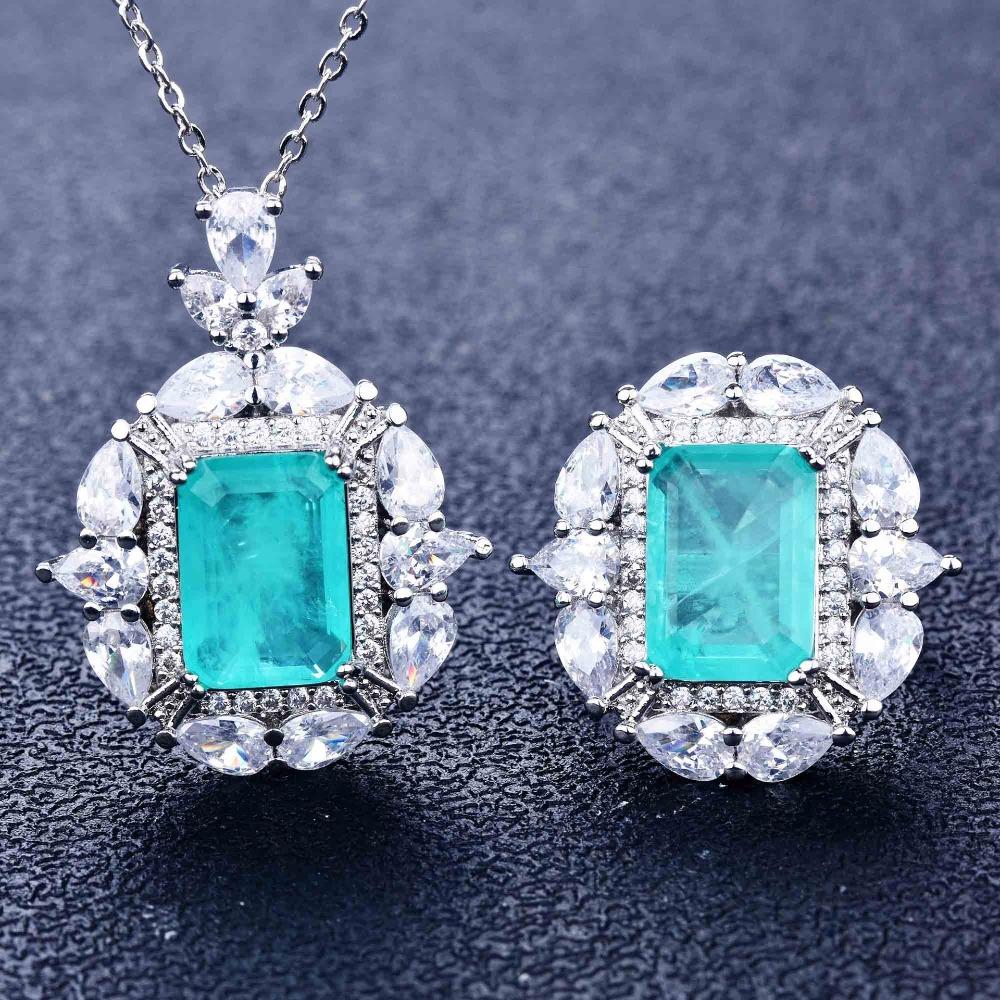 Fashion Women Jewelry Set Imitation Natural Paraiba Gemstone Ring Necklace Gift