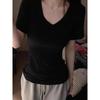 Women's V Neck Short Sleeve Tee Slim Fit Elegant Solid Cotton T-shirt Ruched Waist Summer Casual Slimming Layering Top