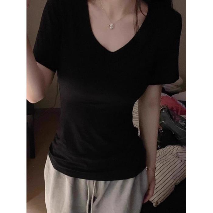 Women's V Neck Short Sleeve Tee Slim Fit Elegant Solid Cotton T-shirt Ruched Waist Summer Casual Slimming Layering Top