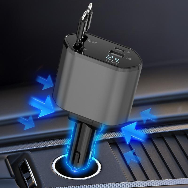Car Charger Adaptor 120W Fast Charge USB Type C Fast Charger Cable with Retractable Cords Fit for iPhone 16/15/14/13/12 Samsung