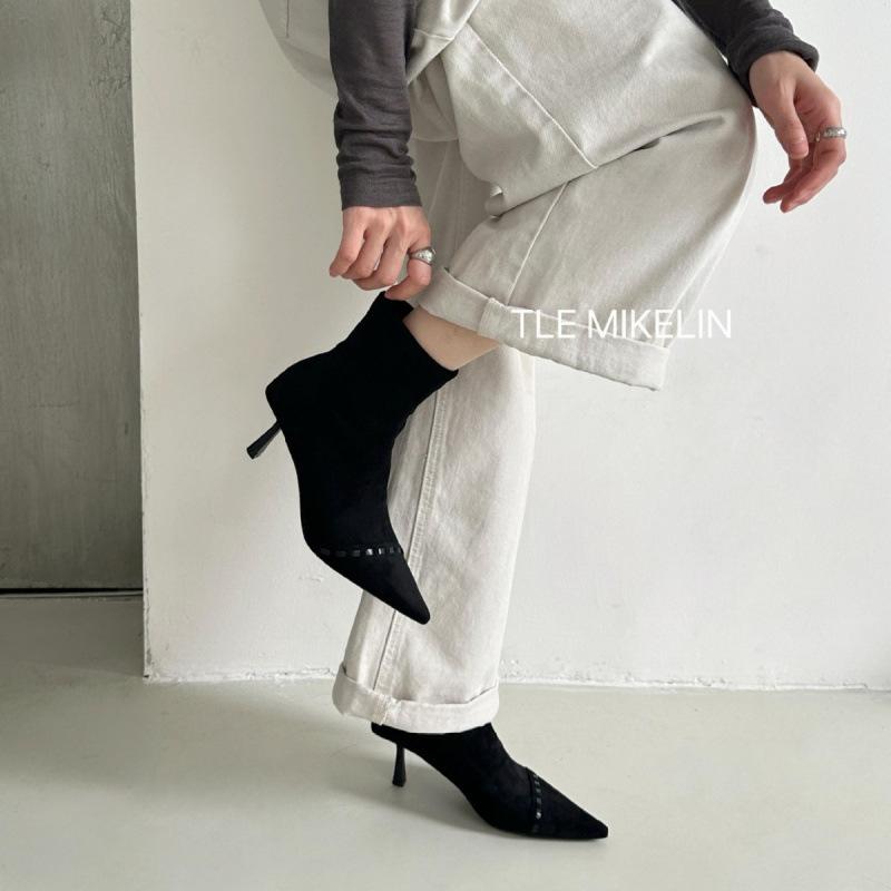 French pointed stitched short boots women's 2025 autumn sleeve elastic thin boots thin heel temperament fashion boots and ankle boots