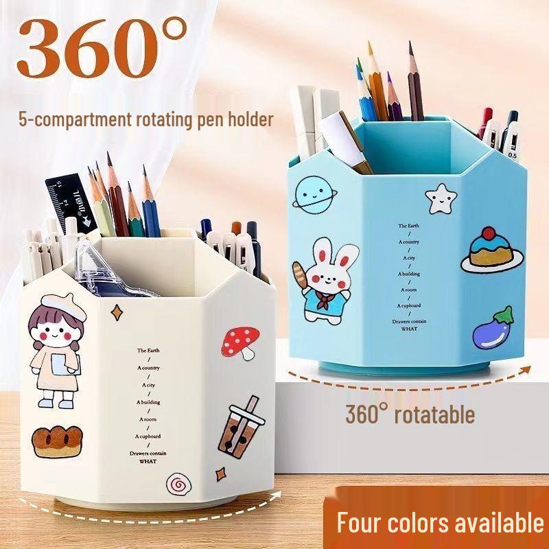 360° Rotating Cartoon Pen Holder: Large Capacity Multifunctional Desk Organizer