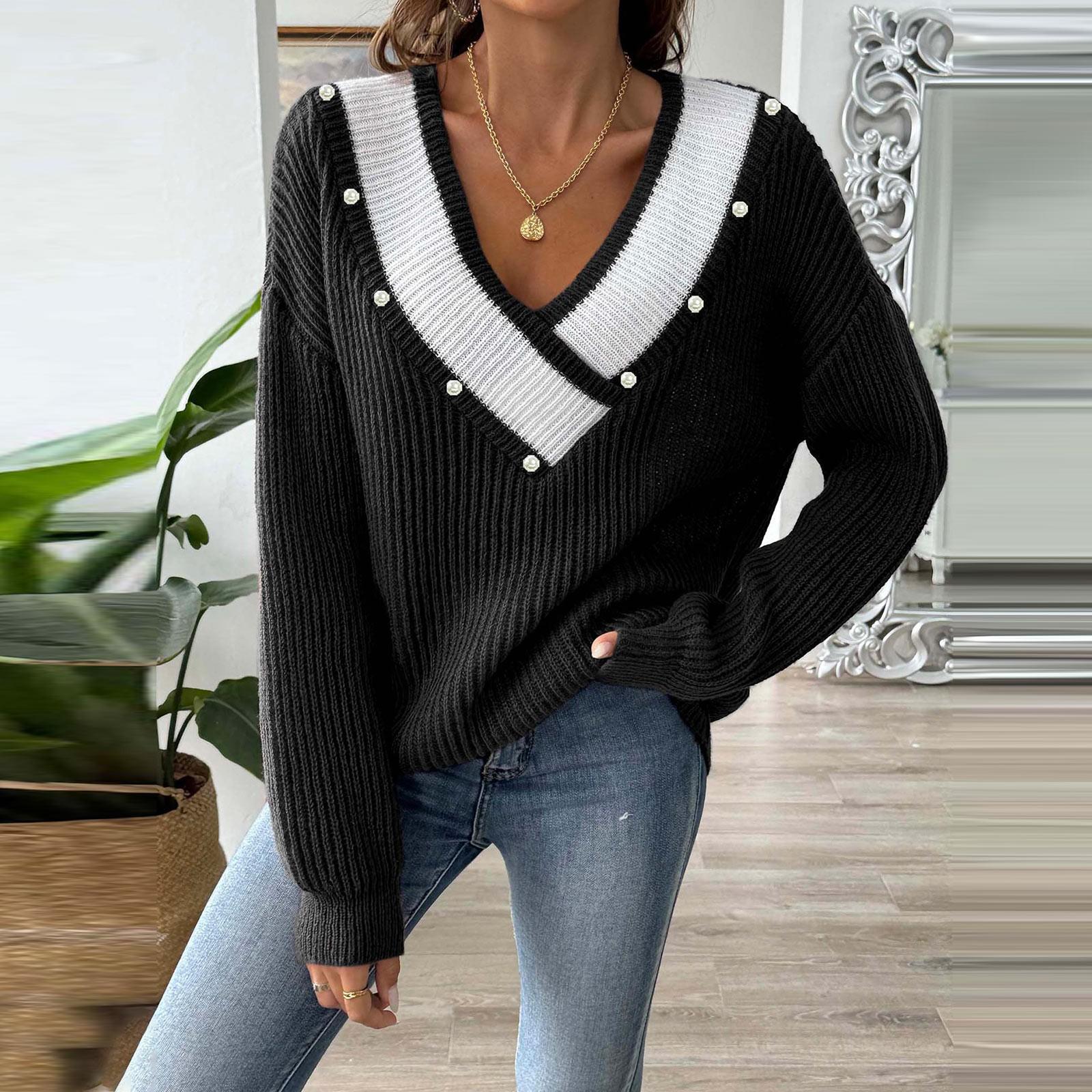 

Женский контрастный цветной сплайсированный большой V-образный вырез жемчужный свободный вязаный свитер-пуловер L чёрный