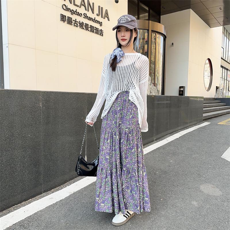 2025 Summer Floral Cotton-Silk Midi Skirt: Slimming, Thin Rayon Cardigan, Long Cake Skirt for Women.