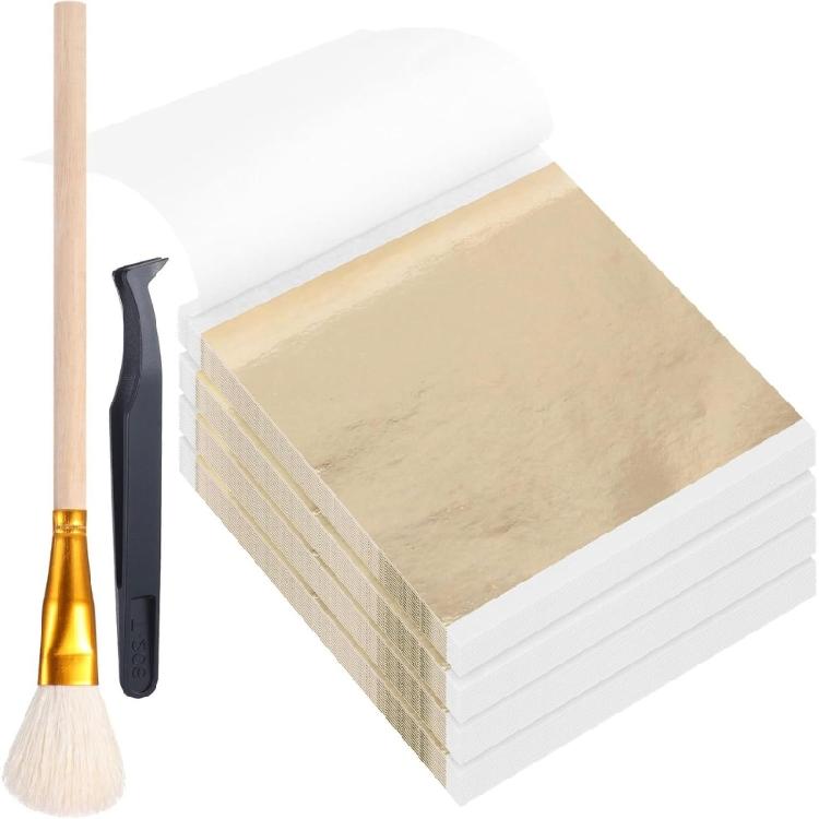 Paper Craft Leafing Sheets Set for Journaling and Home Decoration Metallic-Look Squares with Brush and Pickup Tool
