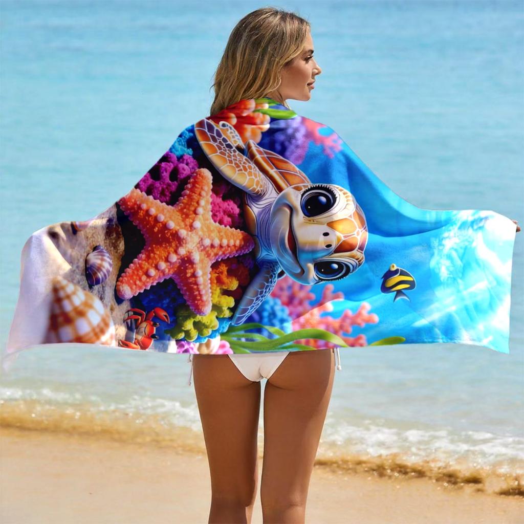 Cute Turtle & Marine Life Print Beach Towel Quick Dry Soft Lightweight Absorbent Portable for Men Women Beach Camping