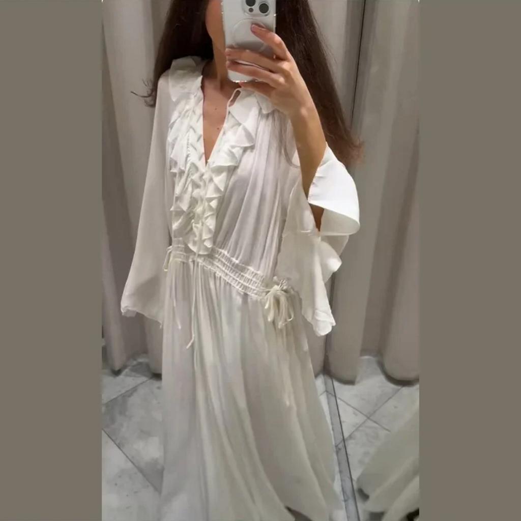 Rochii Lungi Elegante Albe Largi din Gaze Femei Casual Decolteu în V Mânecă Lungă Cloche Robe Lungi Noi Femei Rochie de Birou High Street
