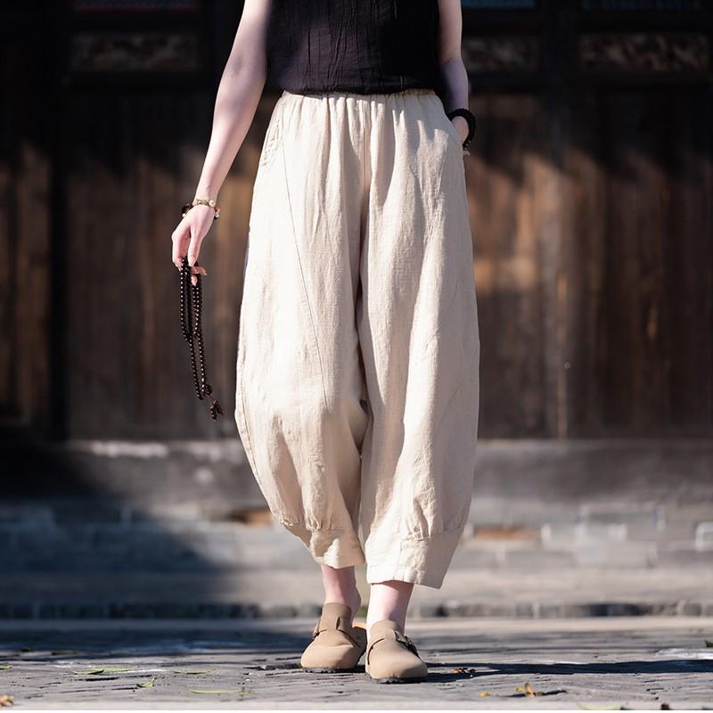 Johnature Women Vintage Solid Color Pants Elastic Waist Patchwork Pockets Summer Trousers Bloomers Pants