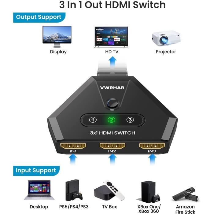 Commutateur HDMI 4K - GENERIC - 3 Entrées 1 Sortie - True 4K - 18 Gbit/s - Plug and Play