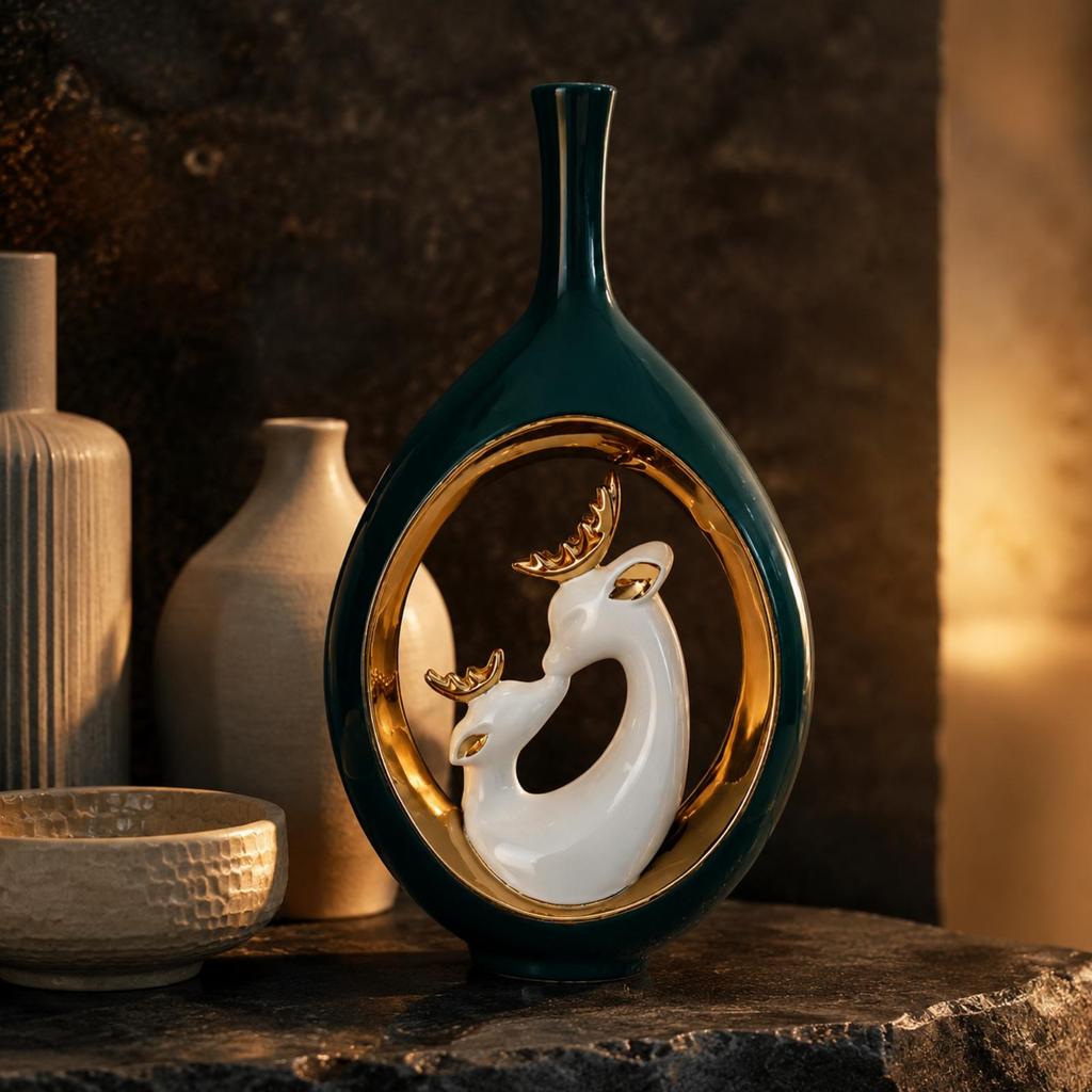 Ceramic Vase Forest-Inspired-Inspired with Gold-Toned Oval Inset Rustic