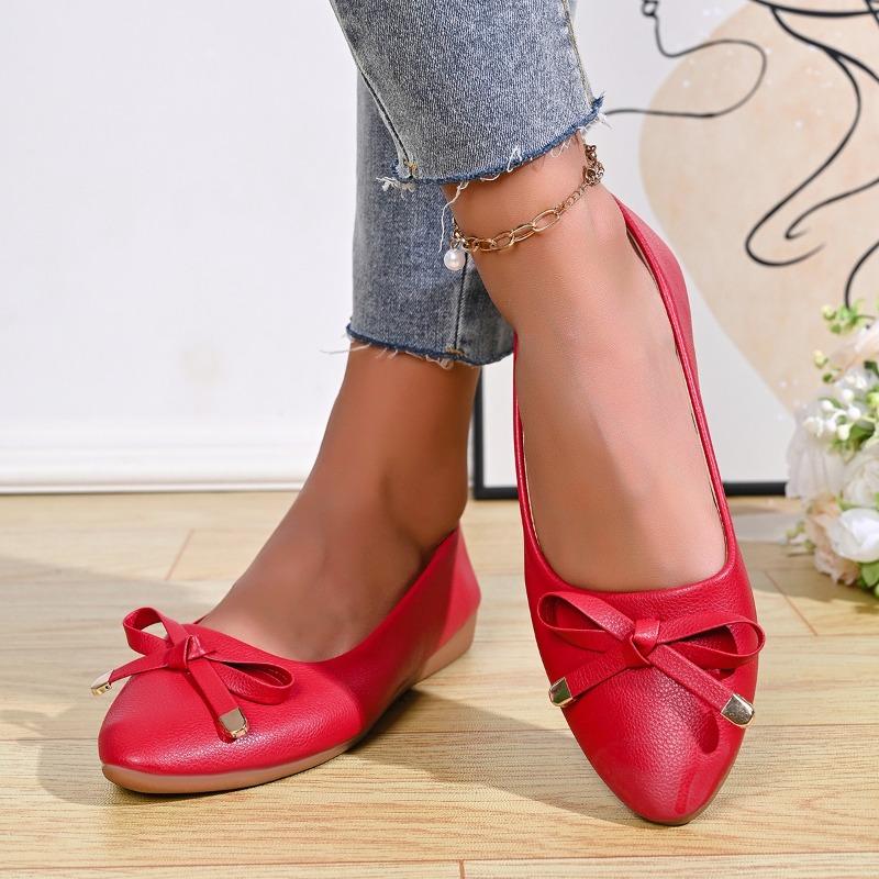 Scarpe Basse in Pelle con Fiocco Singolo, Bocca Stretta, Suola Spessa Morbida, Lati Morbidi, Tacco Basso Comodo