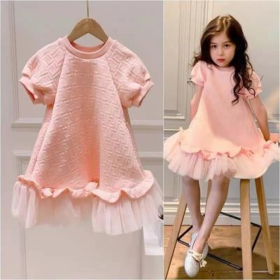 Spring Summer Girls'  Dress Children Pink Long Dress Baby Mesh Short Sleeved Dress Princess Dress Teenage Clothing