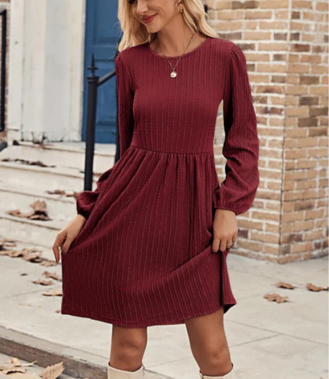 Women's Casual Jacquard Knitted Dress Casual Pockets O-Neck Long Sleeve A Line Dresses For Women Elegant Office Dresses Outwear