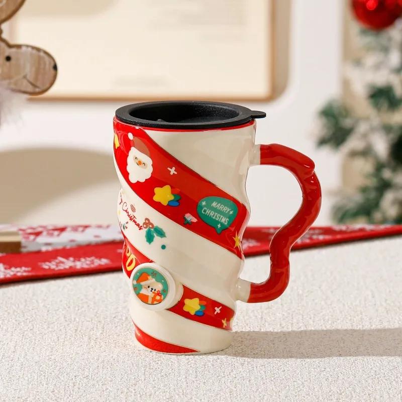 2025 New Christmas Ceramic Cup Threaded Reindeer Large Capacity Creative Mug with Lid Gift Box Cup Cross-border Christmas Gift Y