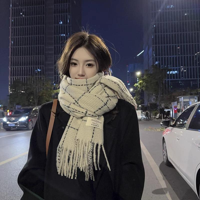 Plaid Scarf Women's Autumn and Winter New Dry Rose Pink Atmosphere Sense Advanced Sense Versatile Thickened Scarf