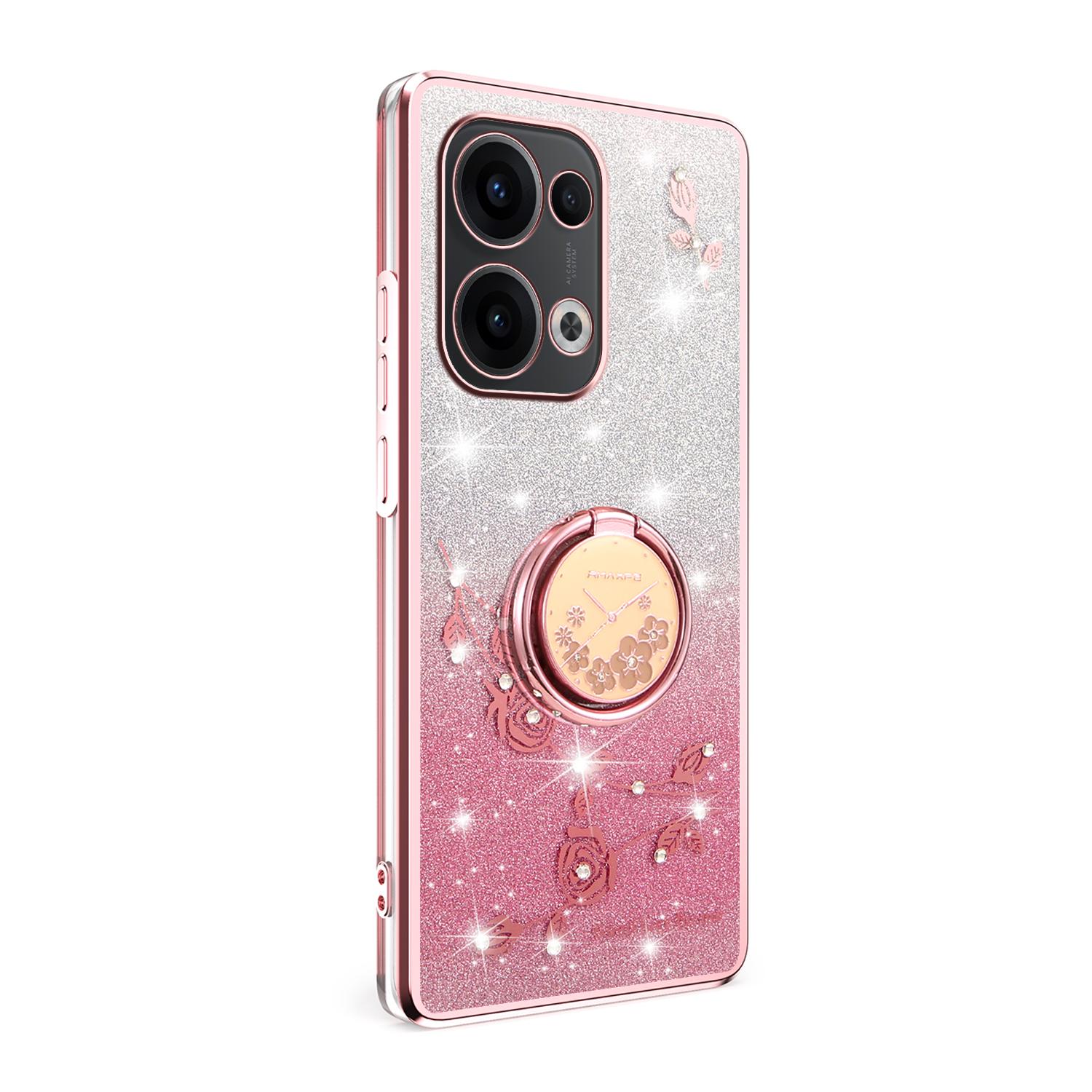 

For Oppo Reno13 5G (Global) Case Ring Kickstand TPU Flowers Phone Cover Gradient Glitter Purple