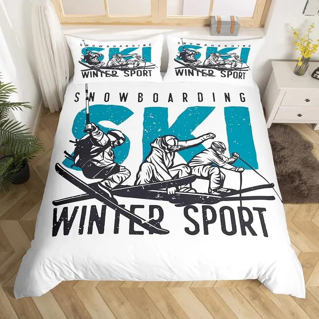 Ski Sports Duvet Cover Set Full Size Winter Sports Skiing Bedding Sets Snow Mountain Landscape Comforter Cover for Boys Girls