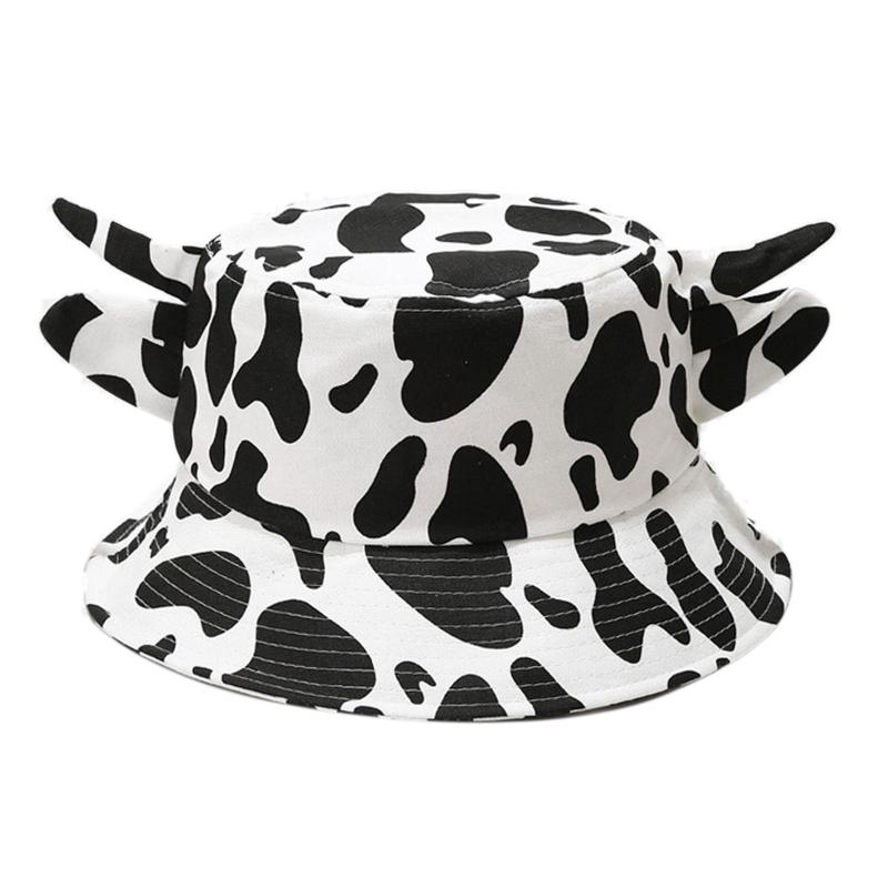 Summer for Sun Cap Wide Brim Fisherman Hat Cow Print Bucket Hat with Horns & Ear