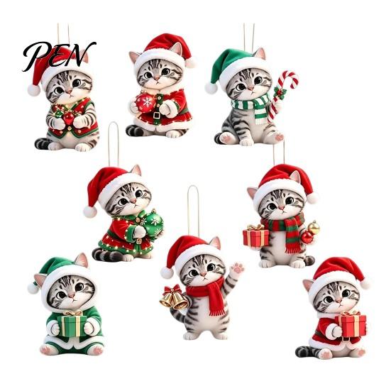 Flat Wood Ornament Cute Kitten Christmas for Tree Hanging, 2D Wooden Rustic Xmas Ornaments Decorative Pendant with Lanyard Home Holiday Party Supplies