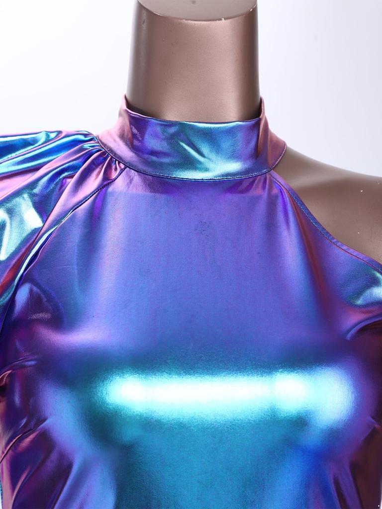 Women Metallic Shiny Bodysuit Dramatic Puff Sleeve Long Sleeve One Shoulder Mock Neck Asymmetrical Leotard