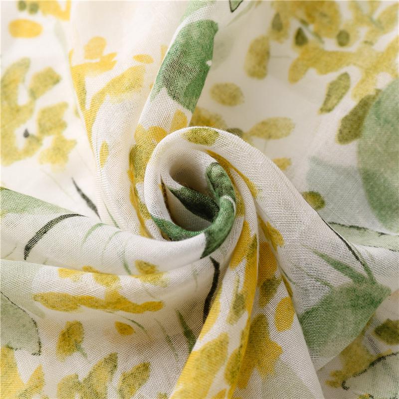Bali Yarn Cotton-Linen Scarf: Fresh Solid Color, Fruit Green & Bright Yellow Leaf Print with Tassel Detail