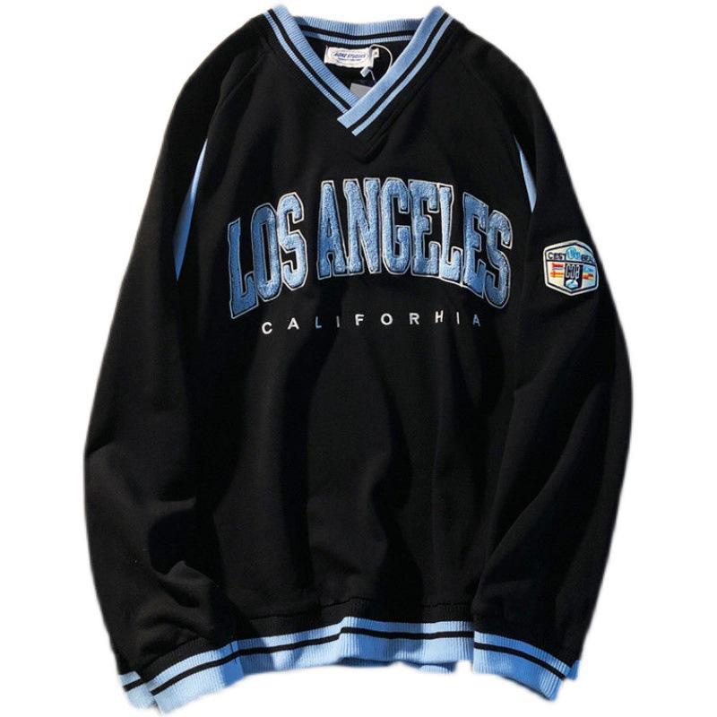 Unisex Retro Embroidered V-Neck Sweatshirt, 2023 Spring/Autumn Korean Style Loose Fit Long-Sleeve Top