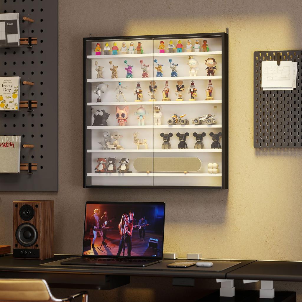 Wall-Mounted Display Case, 6 Adjustable Shelves, 2 Sliding Glass Doors, 80 x 9.5 x 83 cm