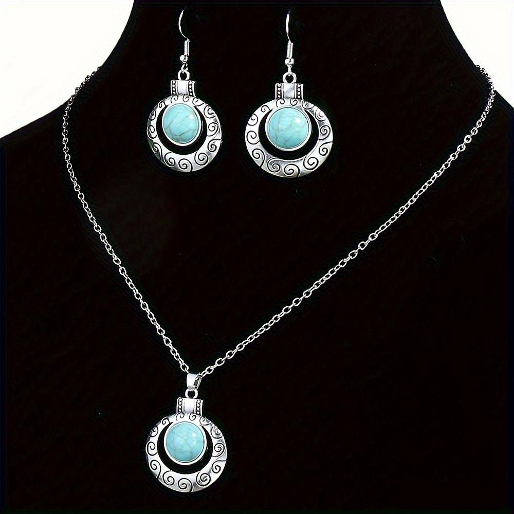 Vintage Jewelry Set with Engraved Patterns On the Metal Surface, Inlaid with Synthetic Turquoise, Suitable for Daily Wear and Party Accessories for