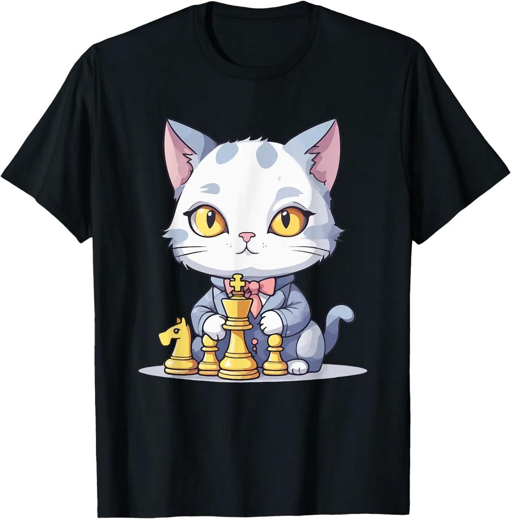 Kawaii Cute Cat Playing Chess Board Game Funny Cat Chess T-Shirt for Men