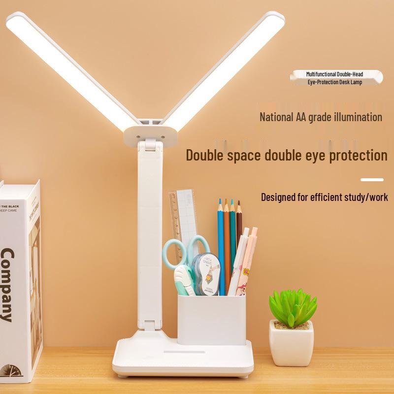 LED Eye-Protecting Double-Head Desk & Bedside Lamp with Atmosphere Night Light for College Study & Dorm Reading