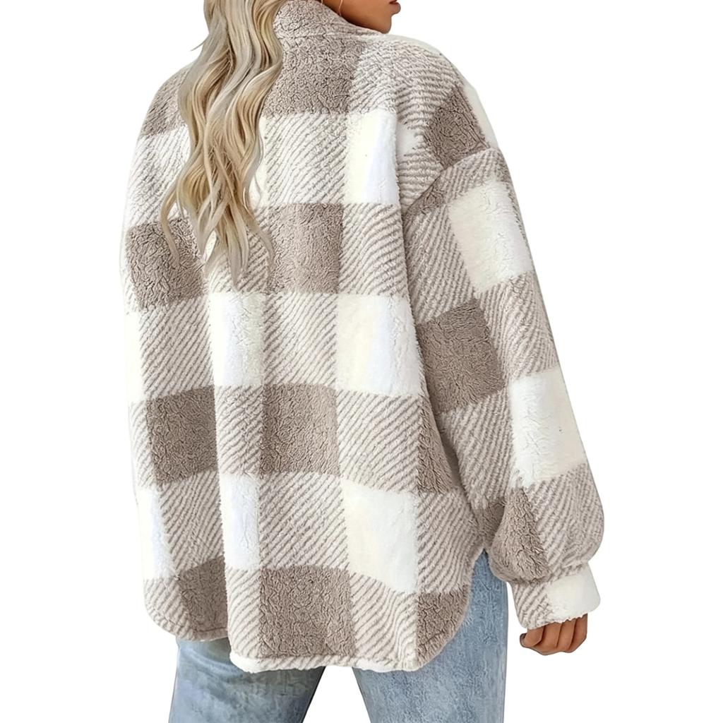 Women's Elegant Plaid Fuzzy Jacket for Fall Winter - Cozy Stylish Outerwear