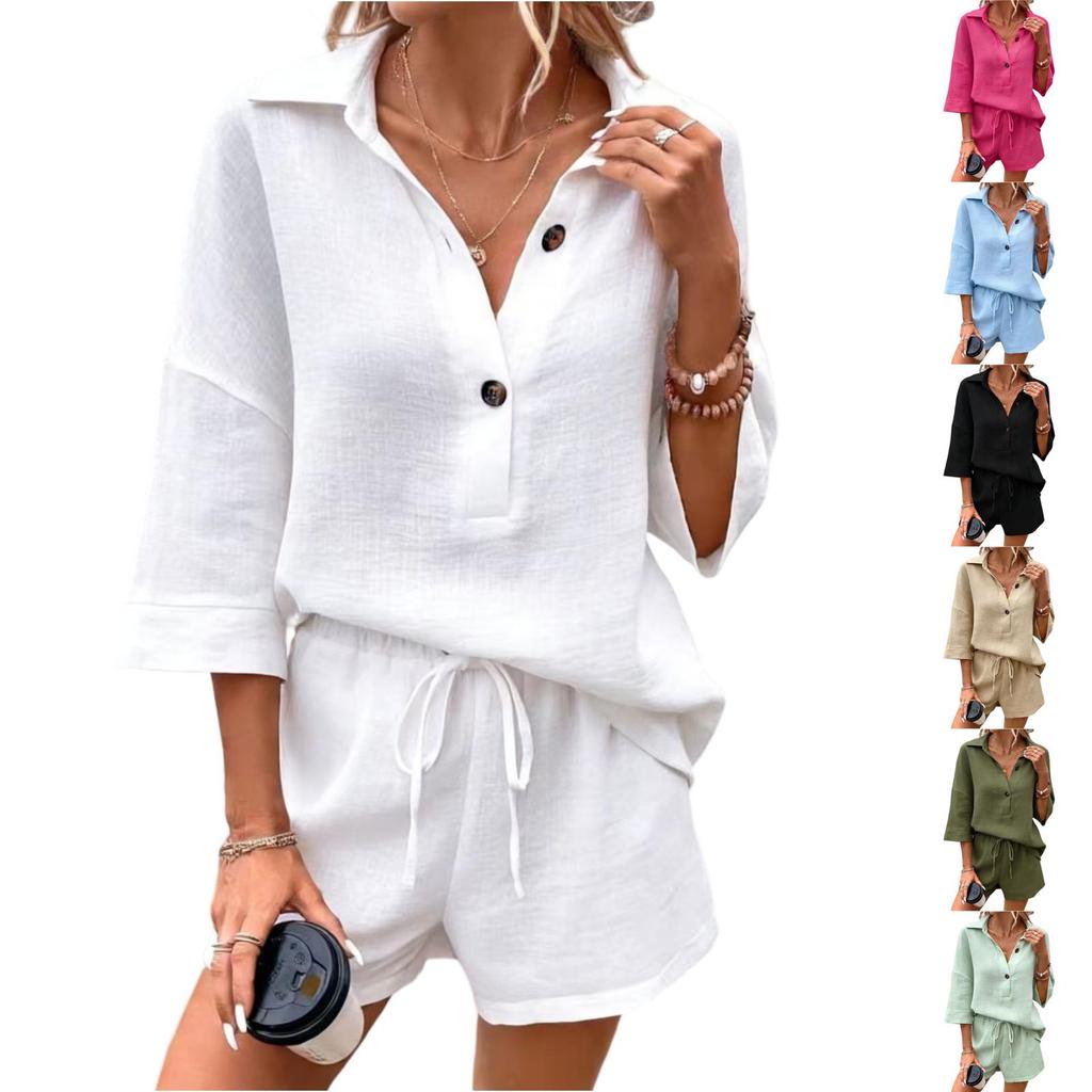 Fashionable Women's Color Cotton And Linen Lapel Short Sleeved Slim Belt Shorts Casual Set