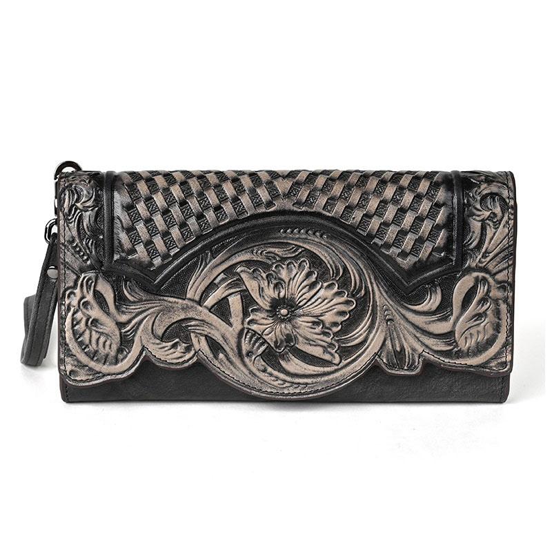 

Женский кошелек из натуральной кожи с цветочным узором, ручной работы, из натуральной коровьей кожи первого слоя, клатч, большой женский кошелек-кардхолдер