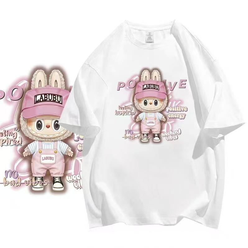 Labubu Genuine Cotton Short Sleeve T-Shirt For Everyday Korean Style Designed With Cartoon Pattern And Loose Shape