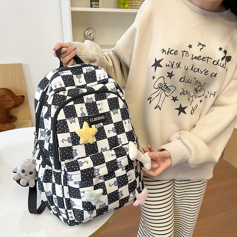 Plaid Cat Print Nylon Schoolbag Large Capacity Backpack High School Student Backpack