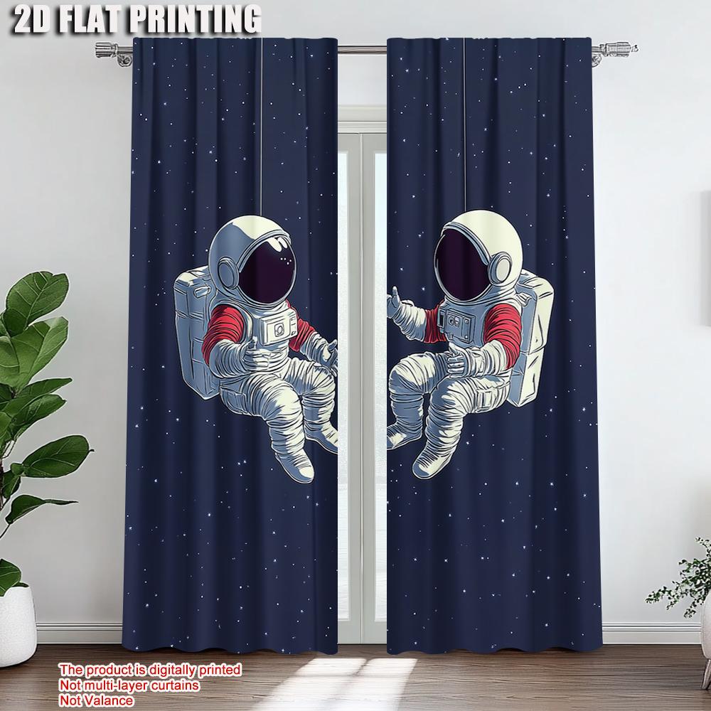 2Pcs Modern Space Astronaut Blackout Curtains Deep Blue Starry Sky Cartoon Spaceman Print Drapes For Bedroom Study Living