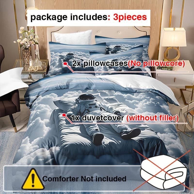 Fantasy Astronaut Theme Duvet Cover Set with Pillowcases, 3pcs Cartoon Space Astronaut Printed Bedding Set, Soft Comfortable