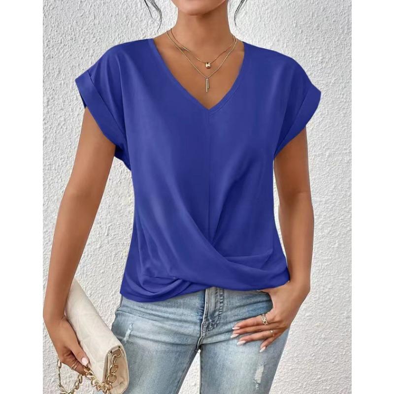 Autumn new products women's lightweight breathable V-neck T-shirt elegant knotted loose short-sleeved top women