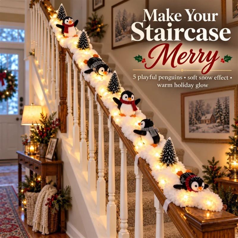 Penguin Christmas Stair Snow Decor Set Festive Holiday Home Decoration